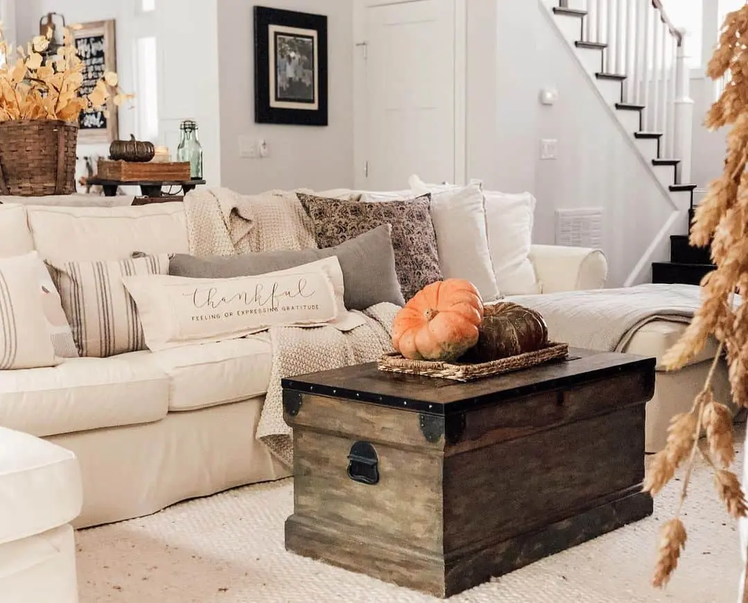 Dark Wood Trunk Coffee Table Holds Seasonal Decor