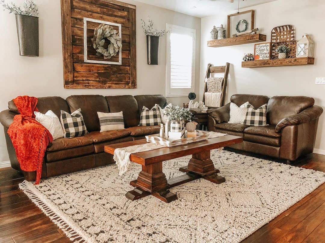 Dark Wood Coffee Table Grounds Plush Farmhouse Rug