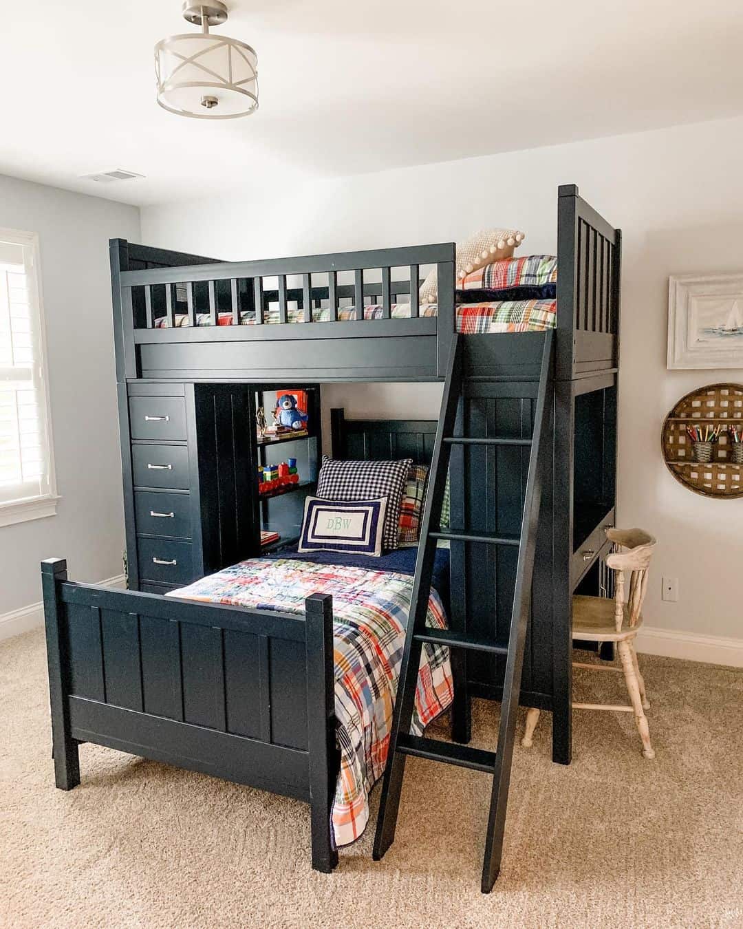 Dark Wood Loft Bed With Integrated Desk and Storage