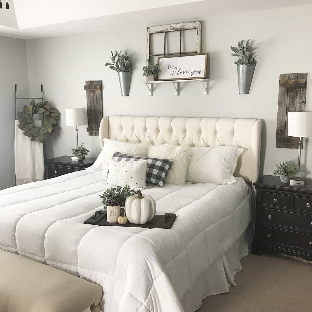 Dark Wood Nightstands Anchor a Cozy Farmhouse Bedroom