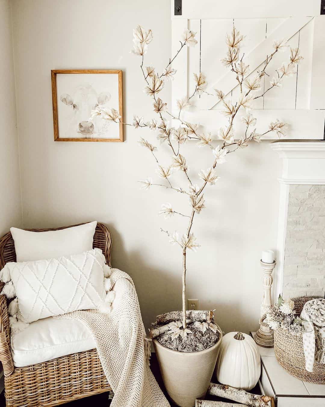 Faux Tree Branches Add Seasonal Texture to a Cozy Corner