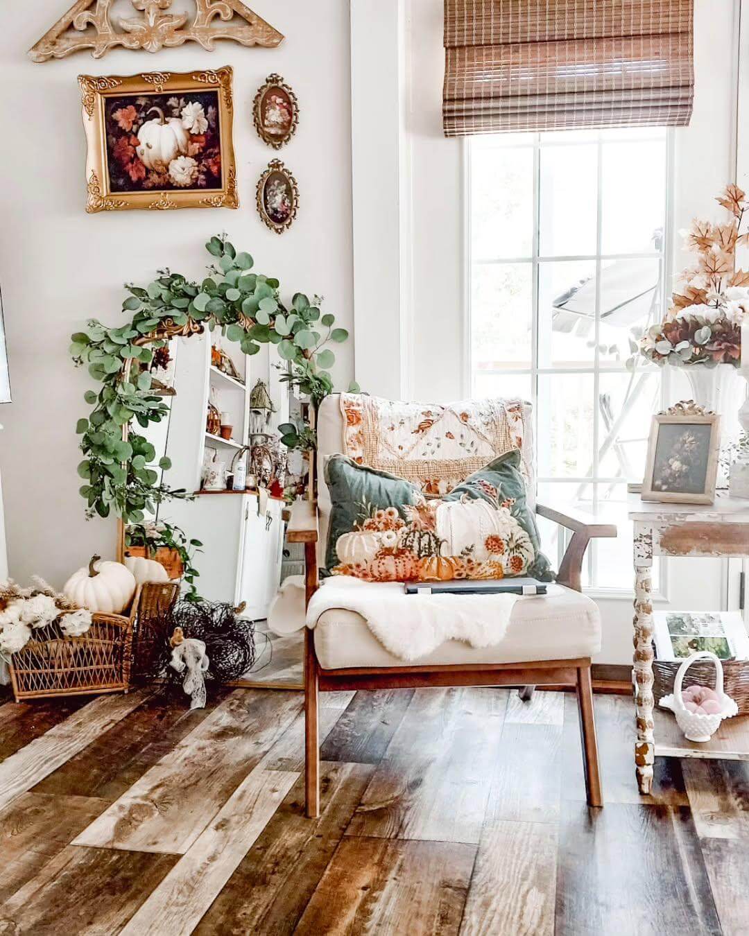 Pumpkins and Gourds Pile Up On A Cozy Armchair