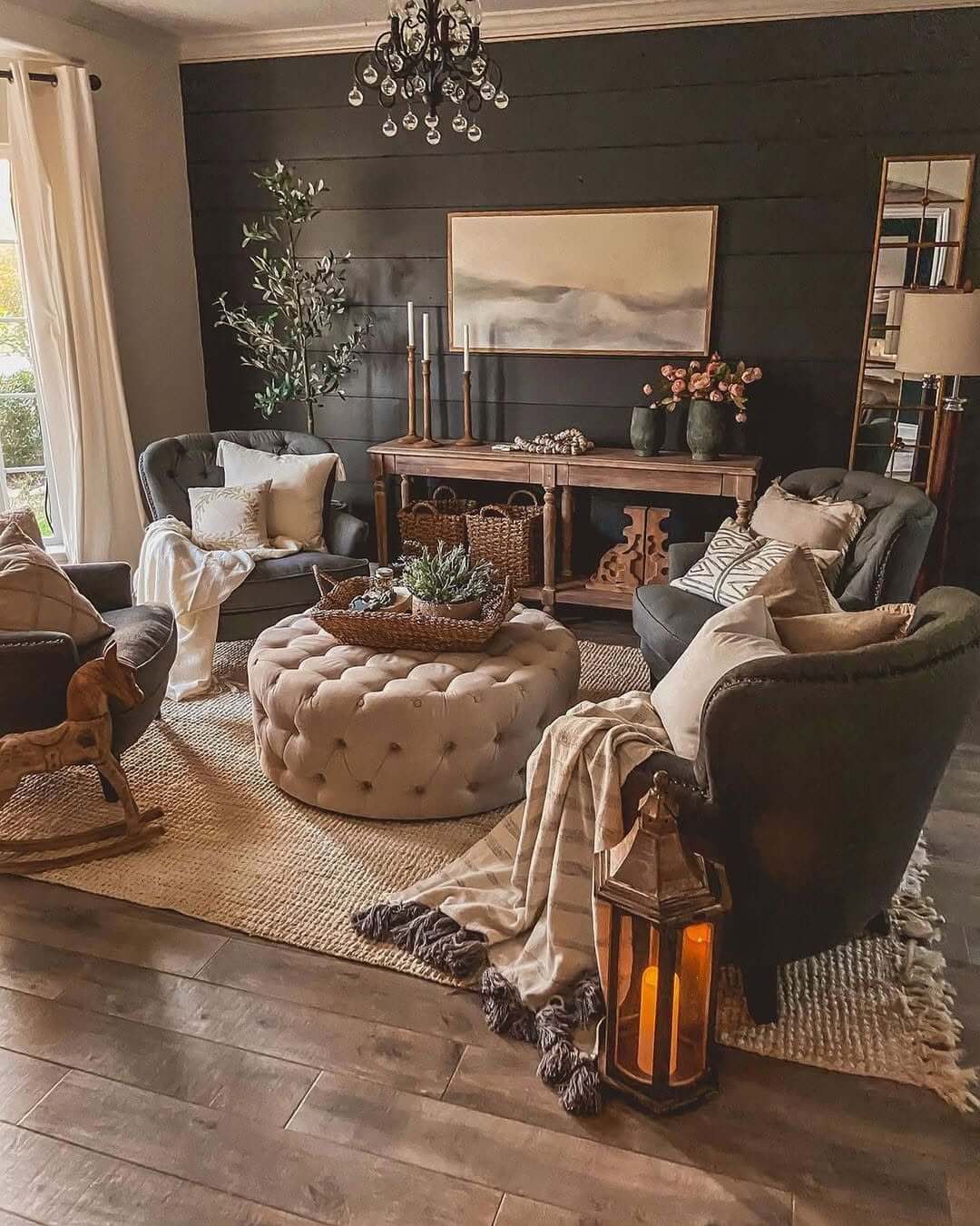 Tufted Ottoman With Woven Tray Creates A Cozy Centerpiece