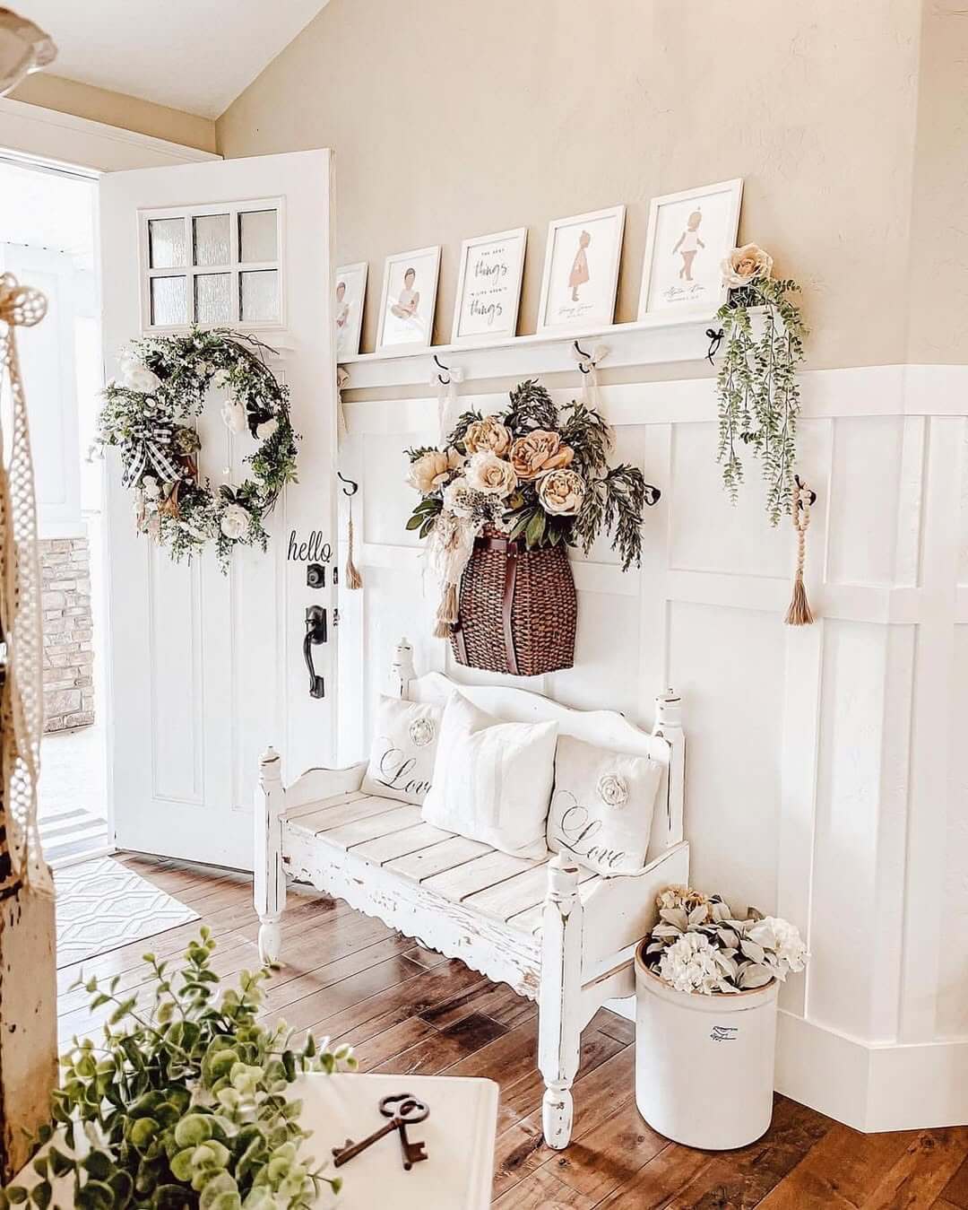 Distressed White Bench Adds A Welcoming Seating Spot