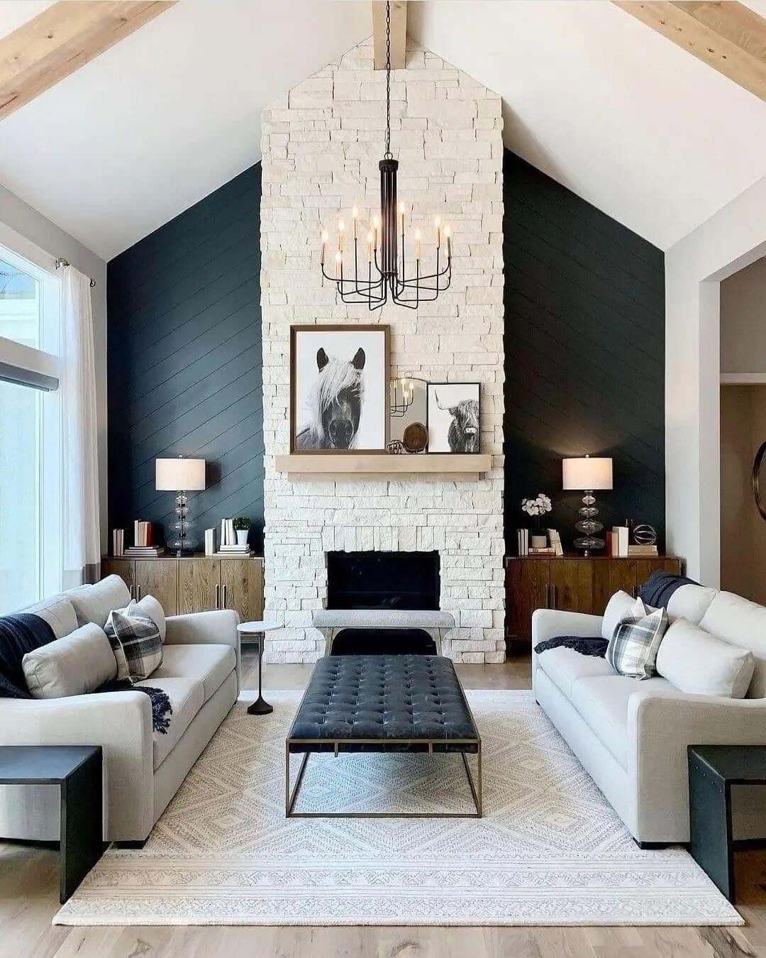 Dark Shiplap Walls Add Depth Behind the Fireplace