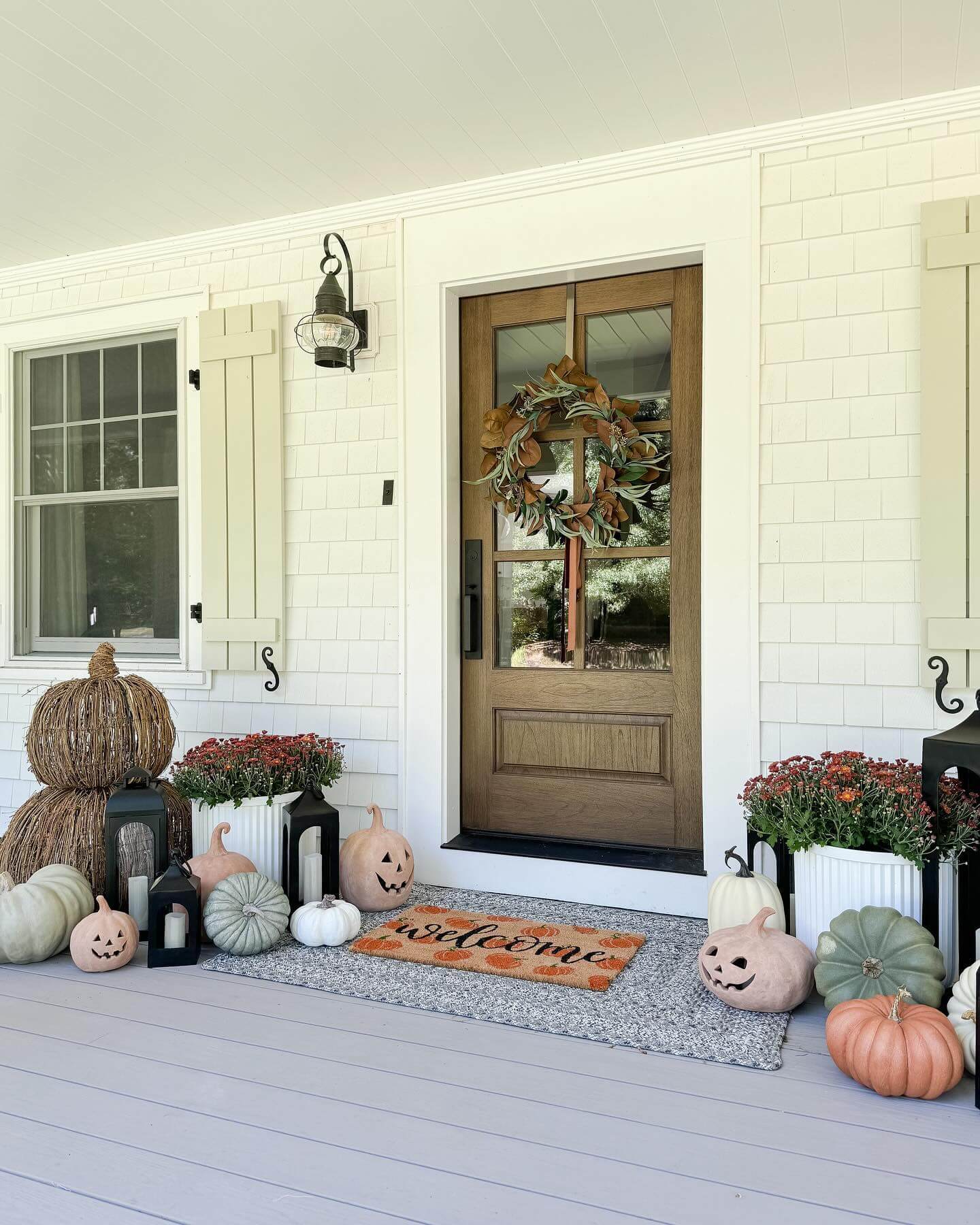 Light Pink and Sage Pumpkins Create a Whimsical Entry Display