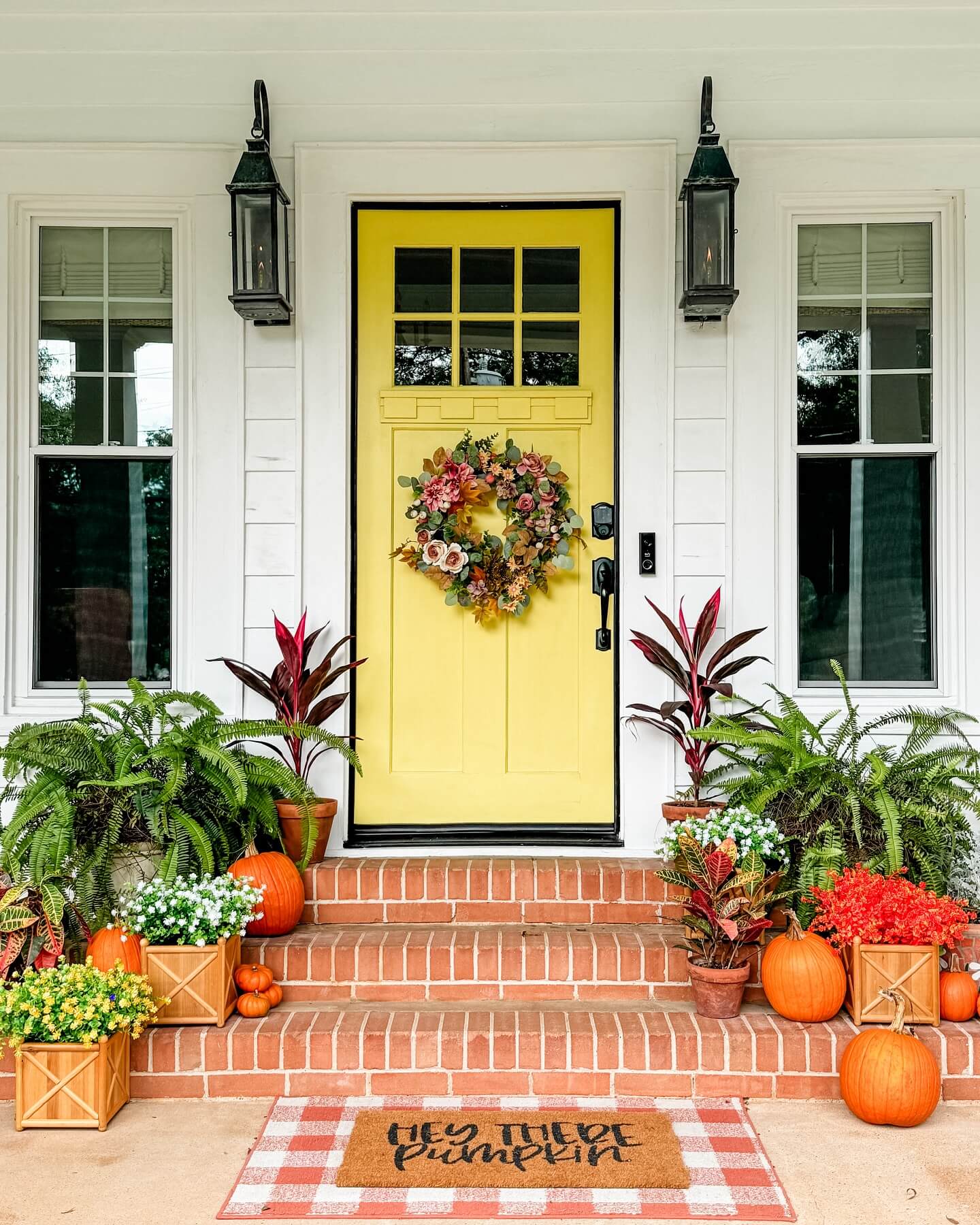 Wooden Planters Add Layered Fall Color to Porch Steps