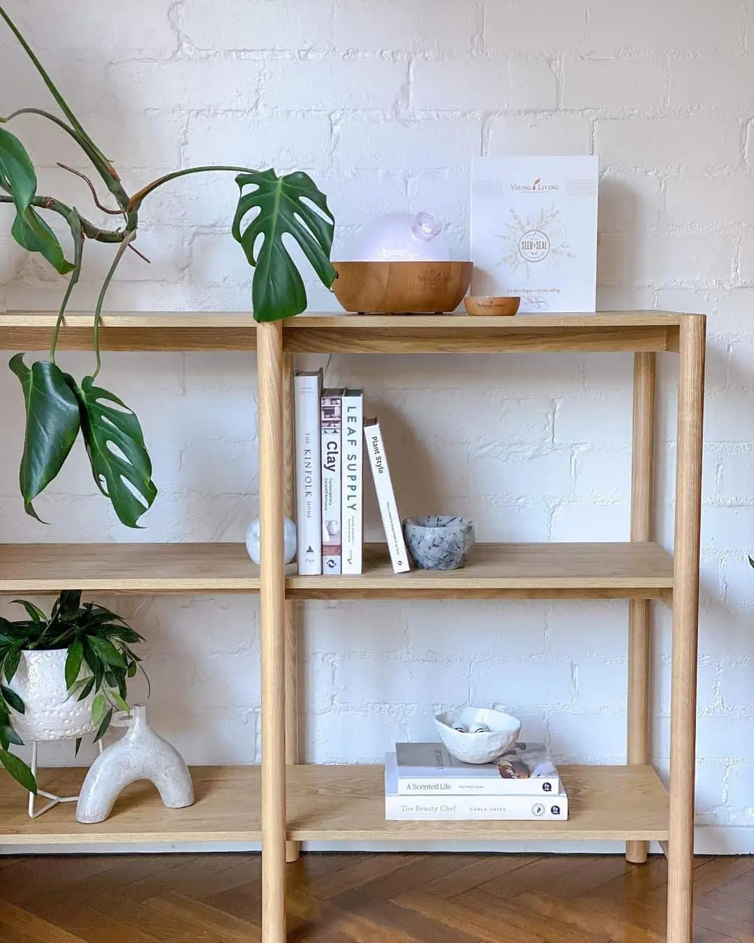 Wooden Bookshelf With Natural Greenery and Sculptural Accents