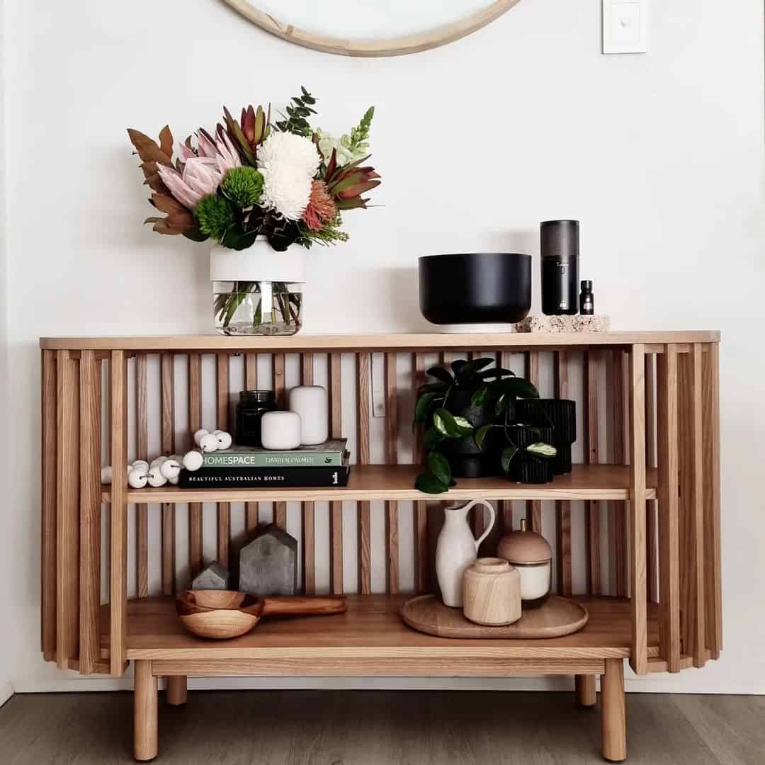 Slatted Wood Cabinet Offers Open Display For Boho Accents