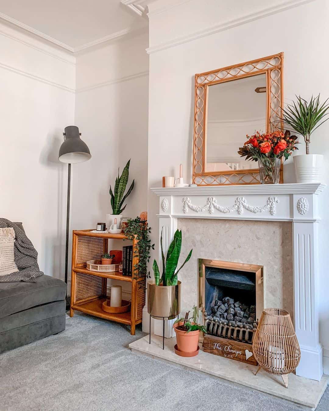 Woven Mirror Frame Adds Natural Texture Above Fireplace