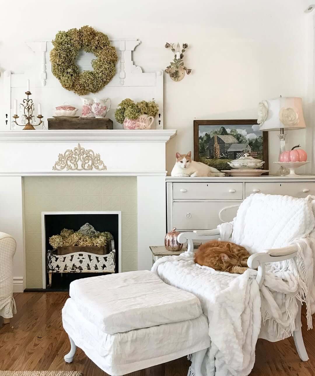 Dried Hydrangea Wreath Adds Natural Texture Above the Mantel