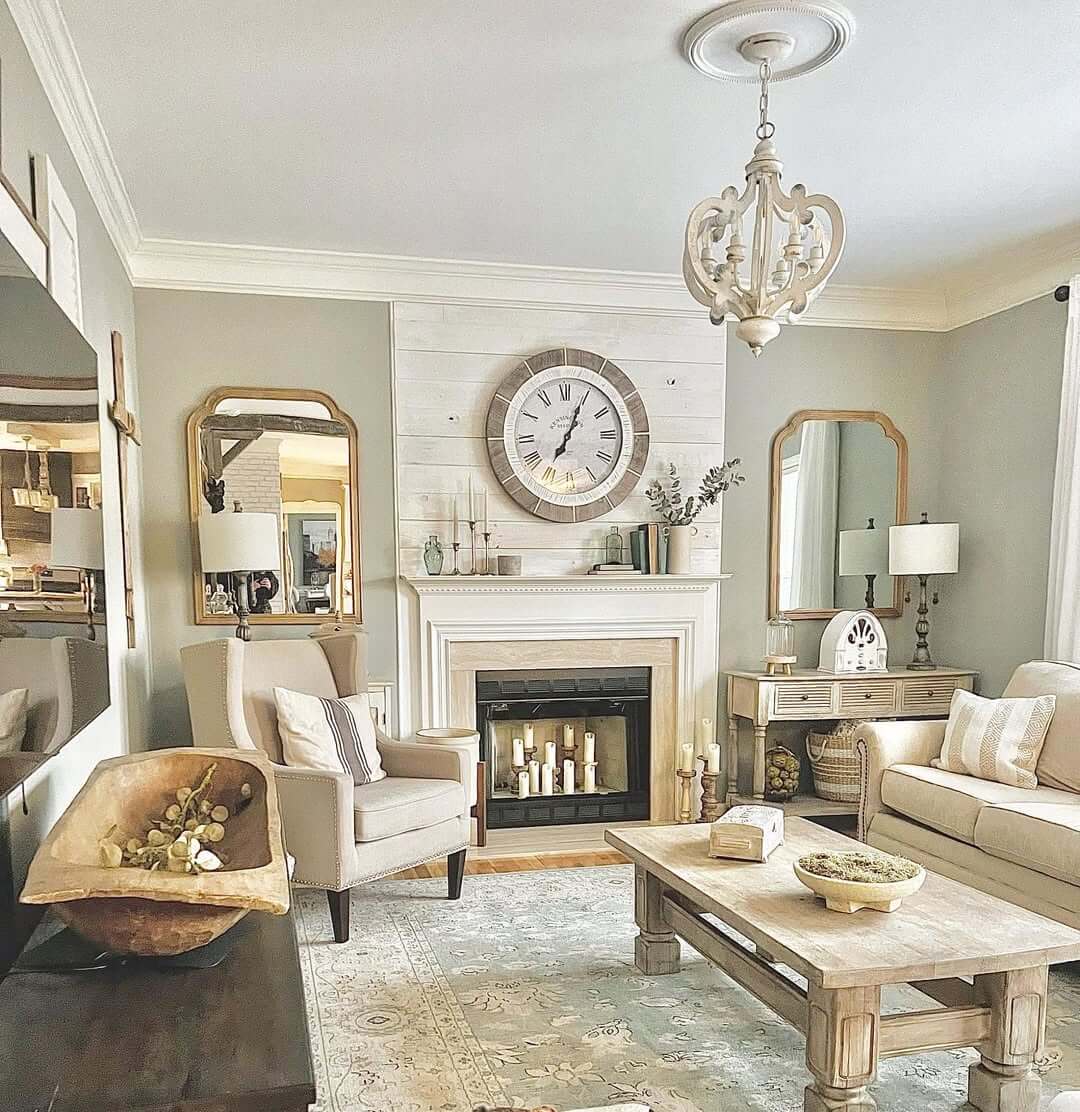 Oversized Round Wall Clock Anchors the Fireplace