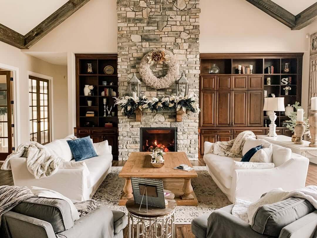 Wooden Built-In Cabinets Frame the Fireplace