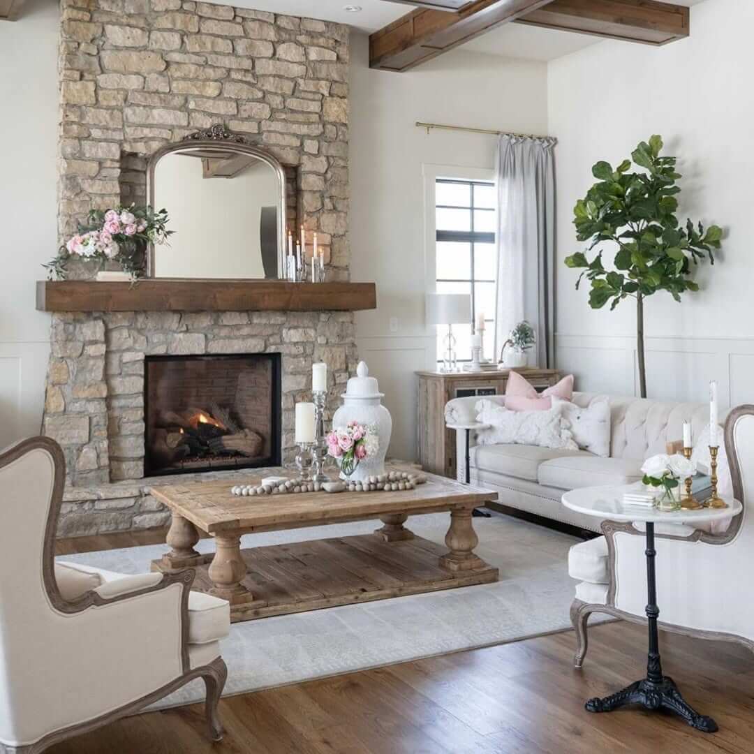 Stone Fireplace with Wooden Mantel and Arch Mirror