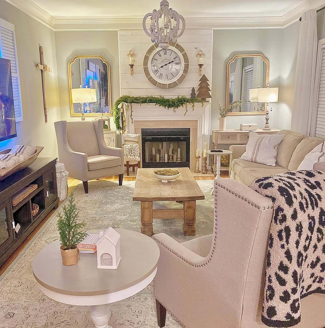Oversized Wall Clock Adds a Rustic Focal Point Above the Fireplace
