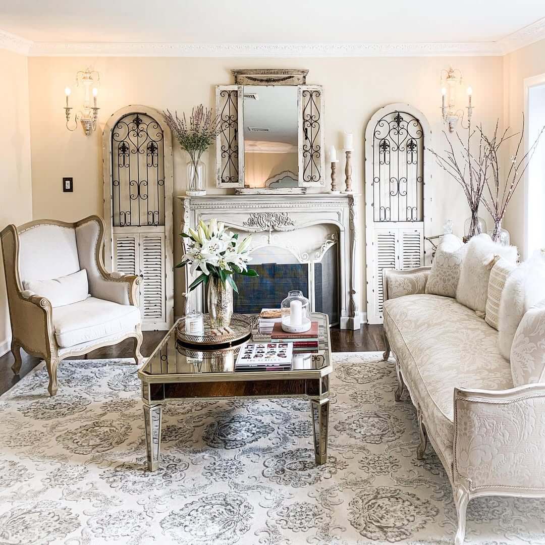 Ornate Shutters Frame the Fireplace with Decorative Ironwork