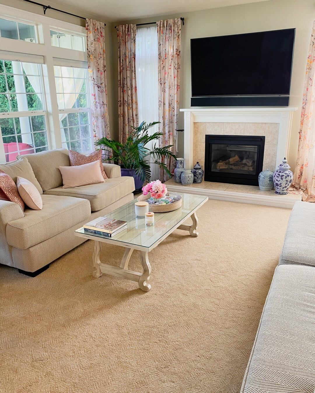 Floral Curtains Soften the Light from Large Windows