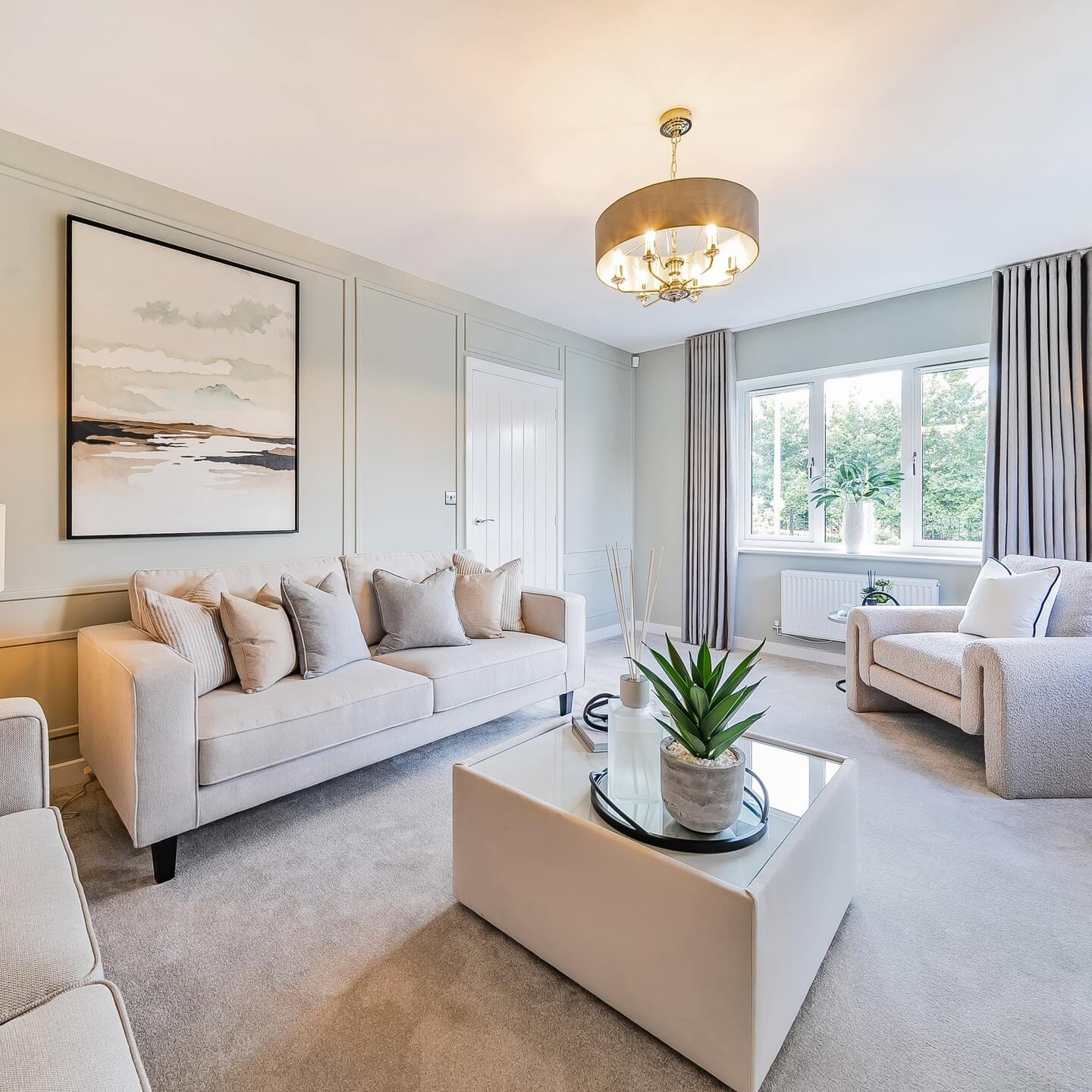 Abstract Landscape Art Above Sofa Creates a Serene Focal Point