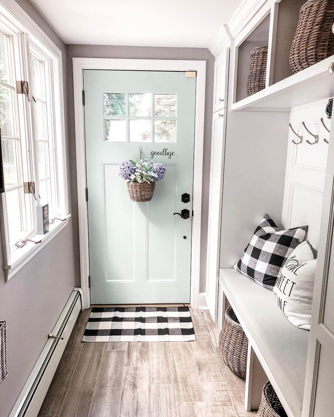 Woven Basket with Purple Flowers Adds Whimsical Charm to a Door