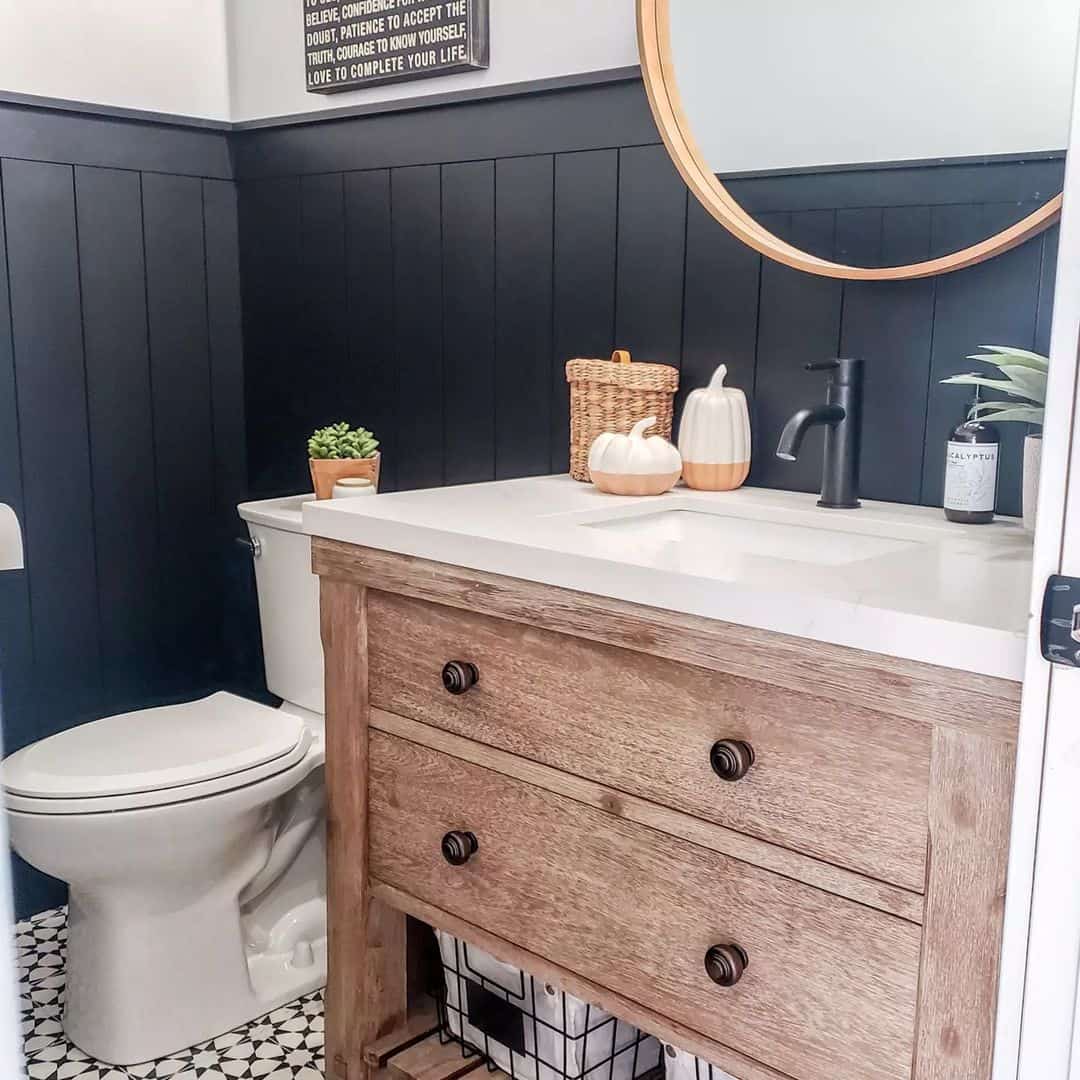 Wood Vanity With Open Shelving for Visible Basket Storage