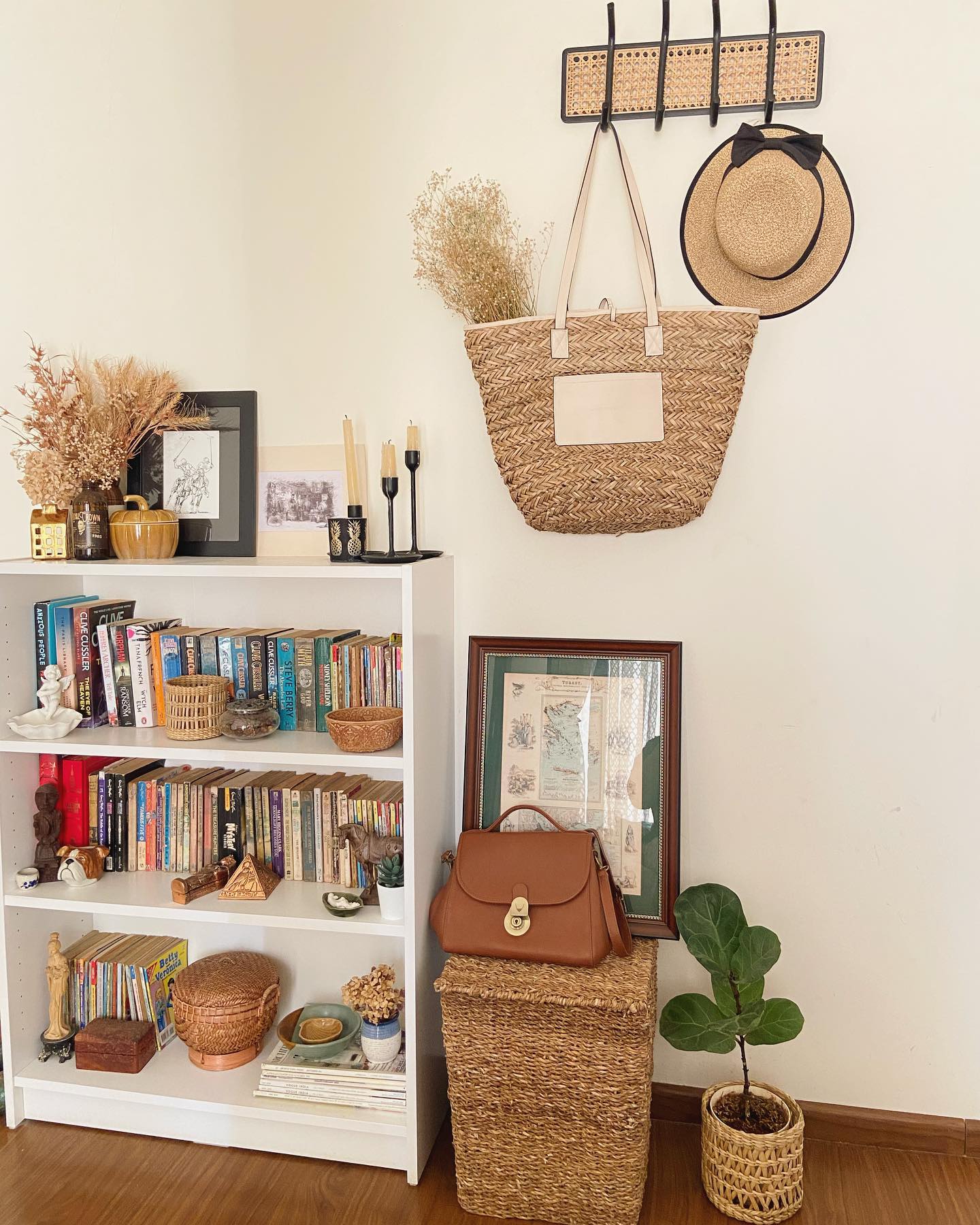 Woven Baskets Add Textured Storage Next to Bookcases