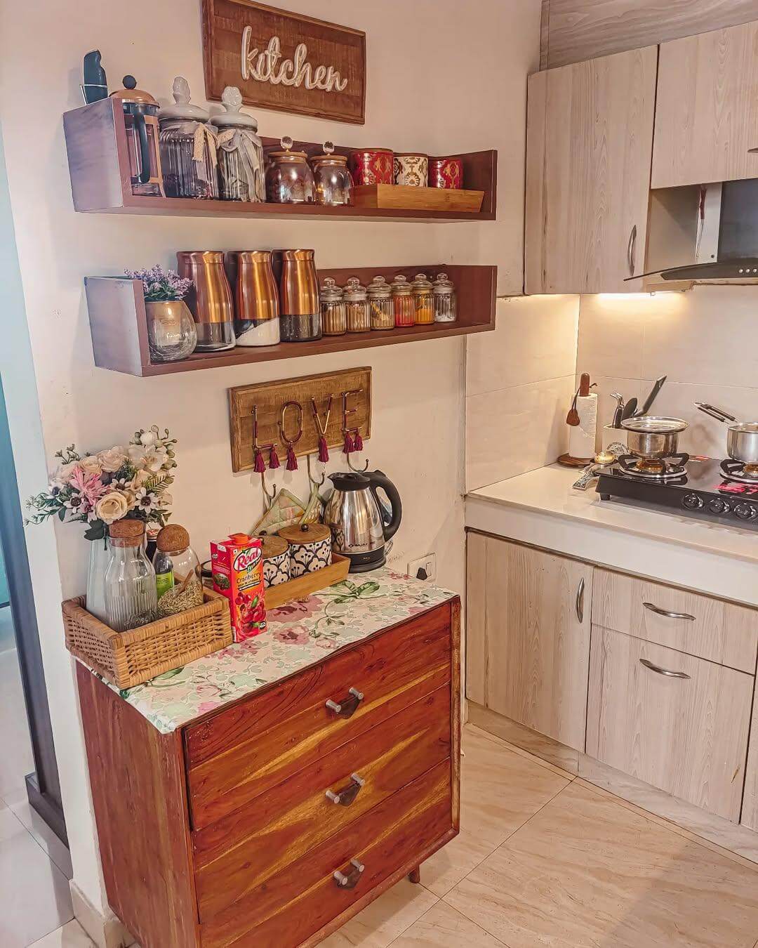 Wooden Dresser with Floral Cover Offers Unexpected Kitchen Storage
