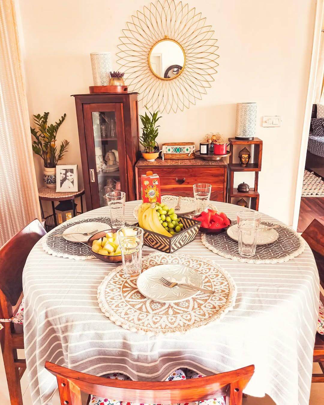 Round woven placemats define table settings