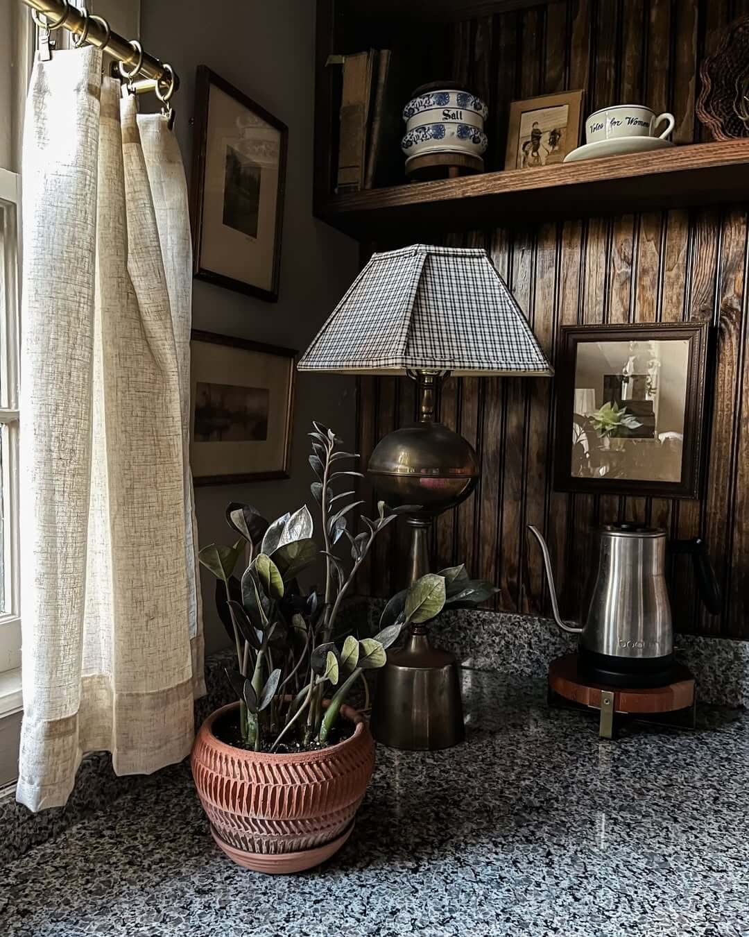 Brass Lamp Base With Plaid Shade Adds Vintage Charm