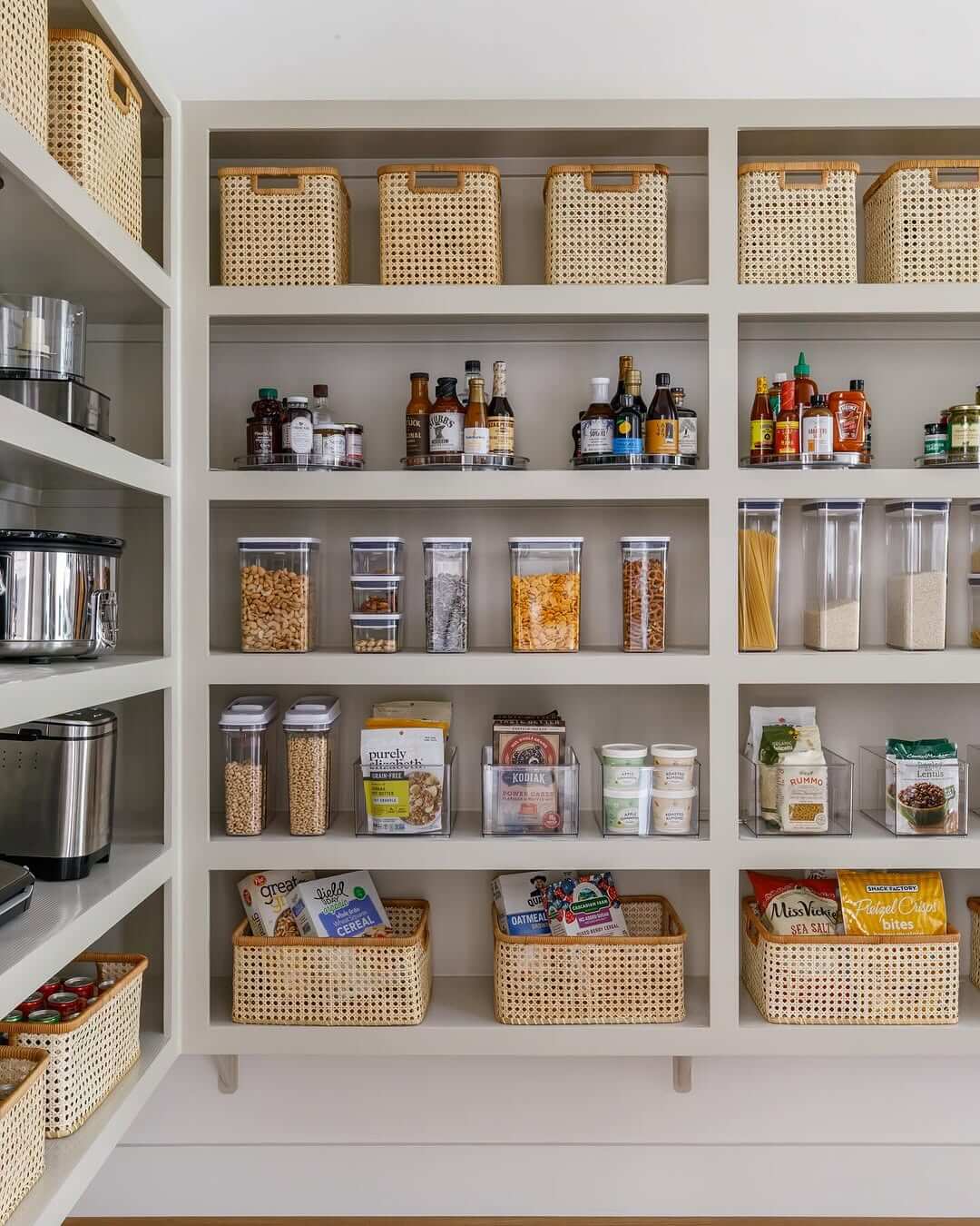 Woven Baskets Corral Cereal Boxes and Oatmeal Packs