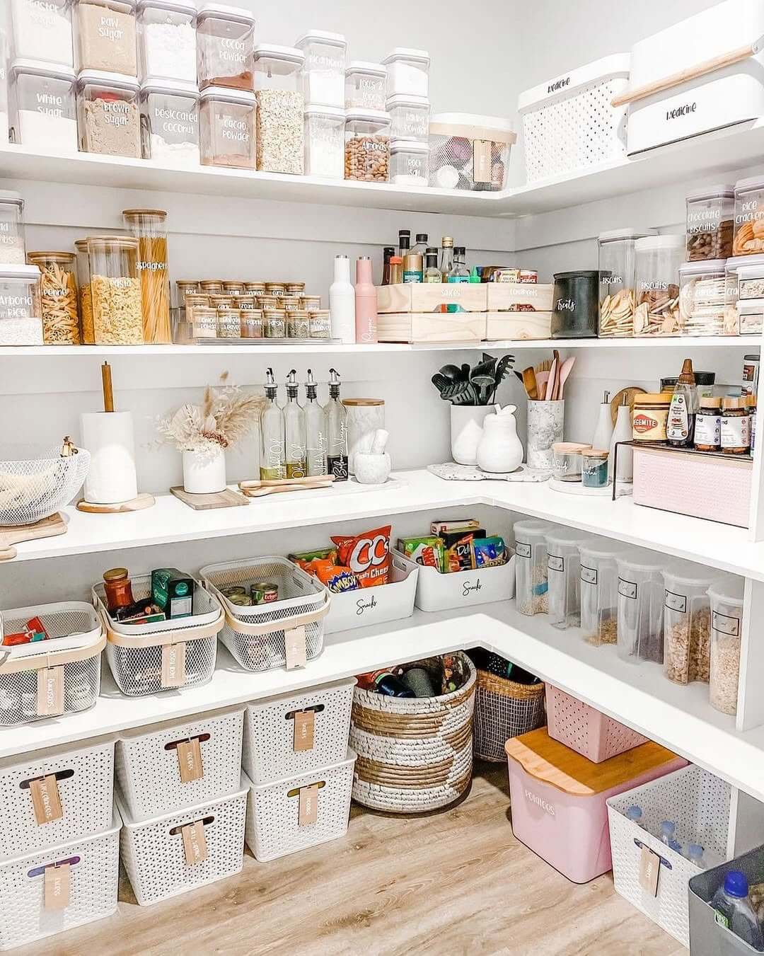 White Woven Baskets with Wooden Tags Organize Shelf Contents