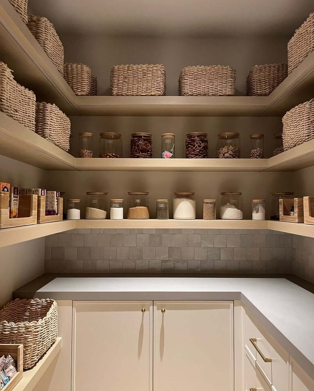 Woven Baskets Add Cozy Texture to Pantry Shelves