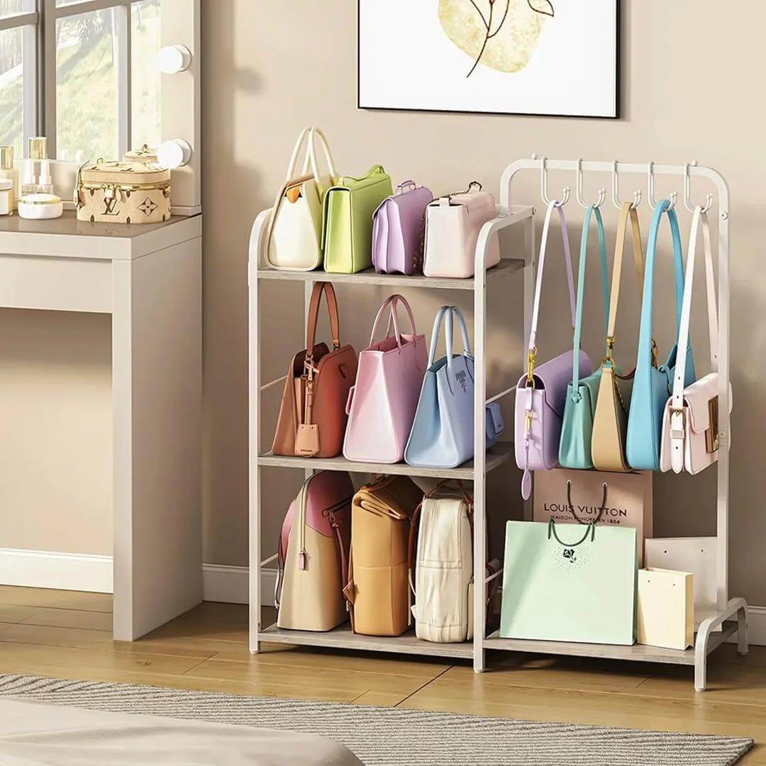Tiered Rack with Hanging Hooks for Varied Bag Storage