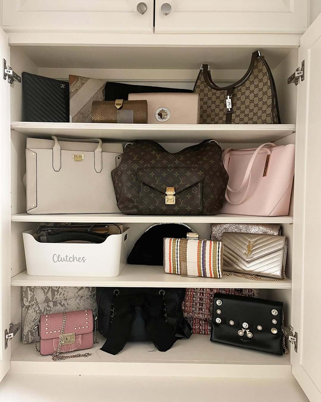 White Container Clearly Labels 'Clutches' for Easy Access
