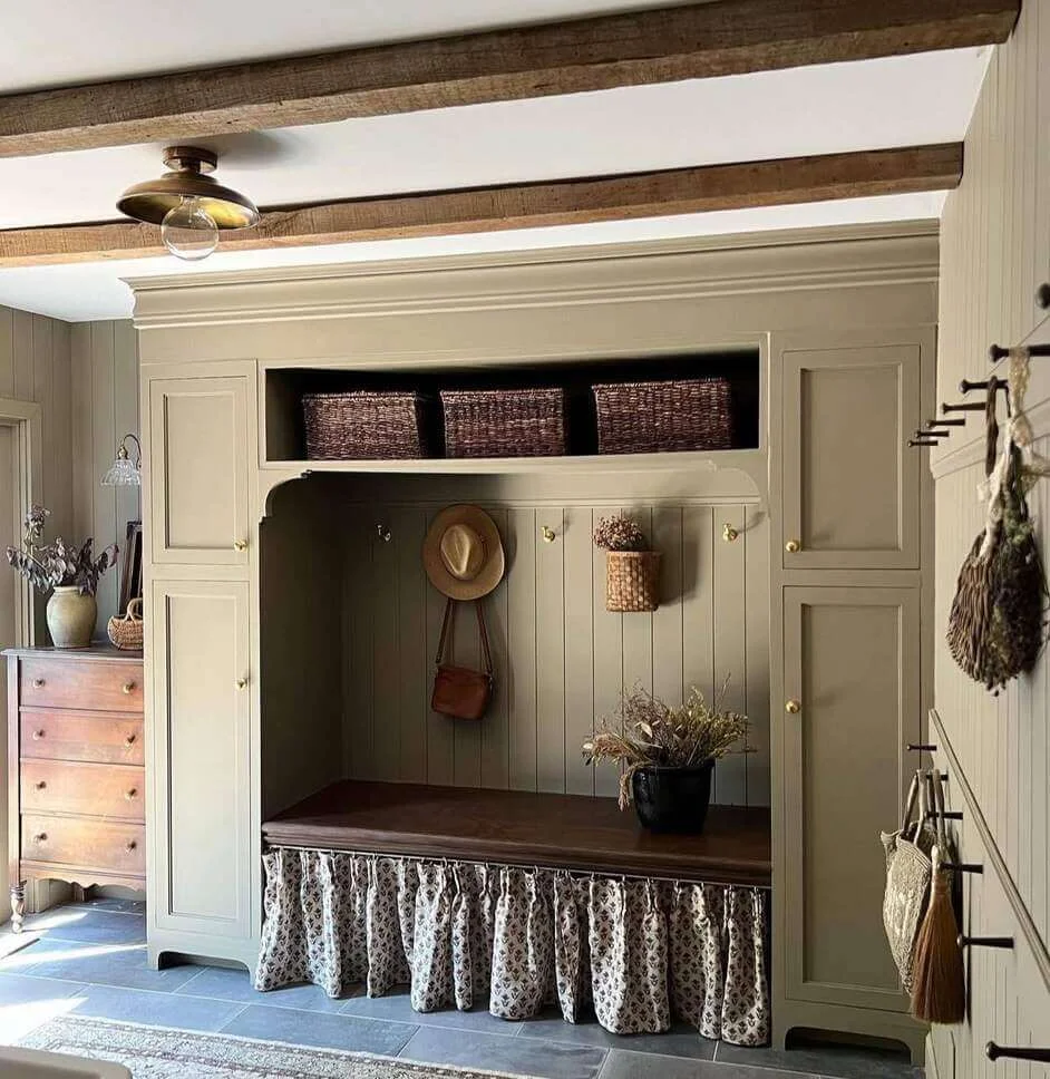 Hide Clutter Under a Built-in Bench with a Fabric Skirt