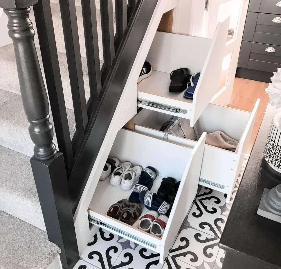 Pull-Out Drawers Under Stairs Keep Shoes Organized