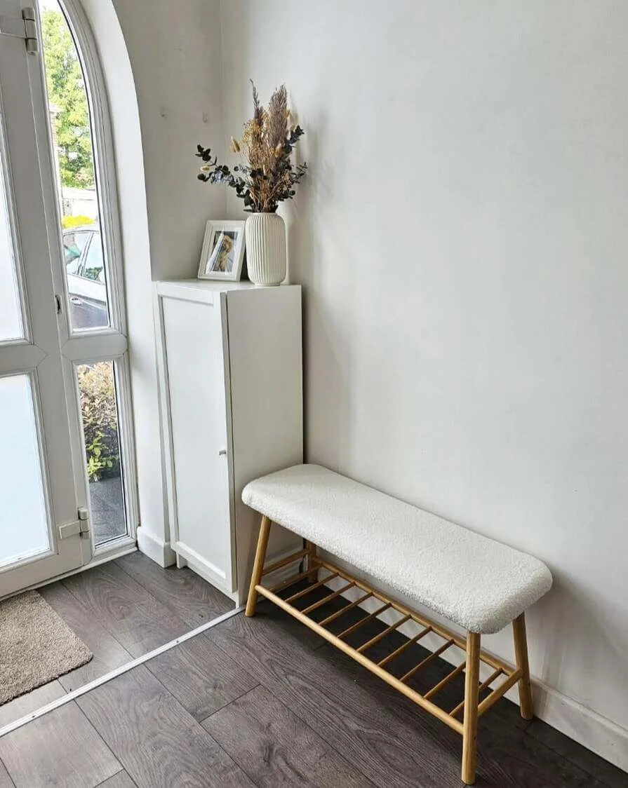 Boucle Bench With Slatted Shelf for Entryway Shoes