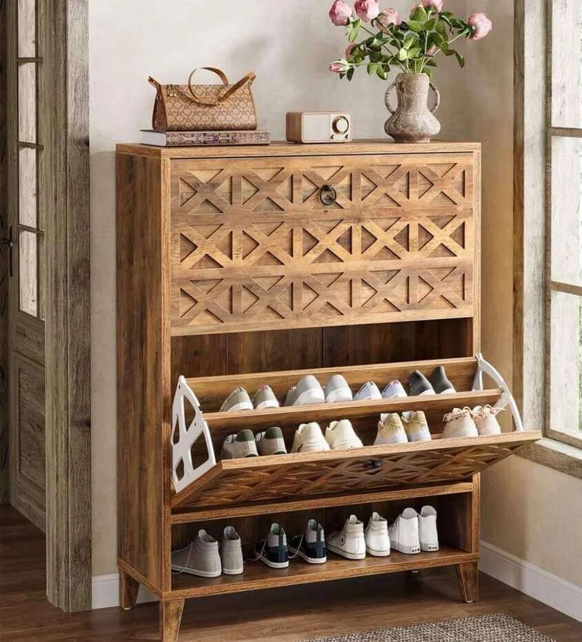 Wooden Cabinet With Angled Shelves for Sneaker Storage