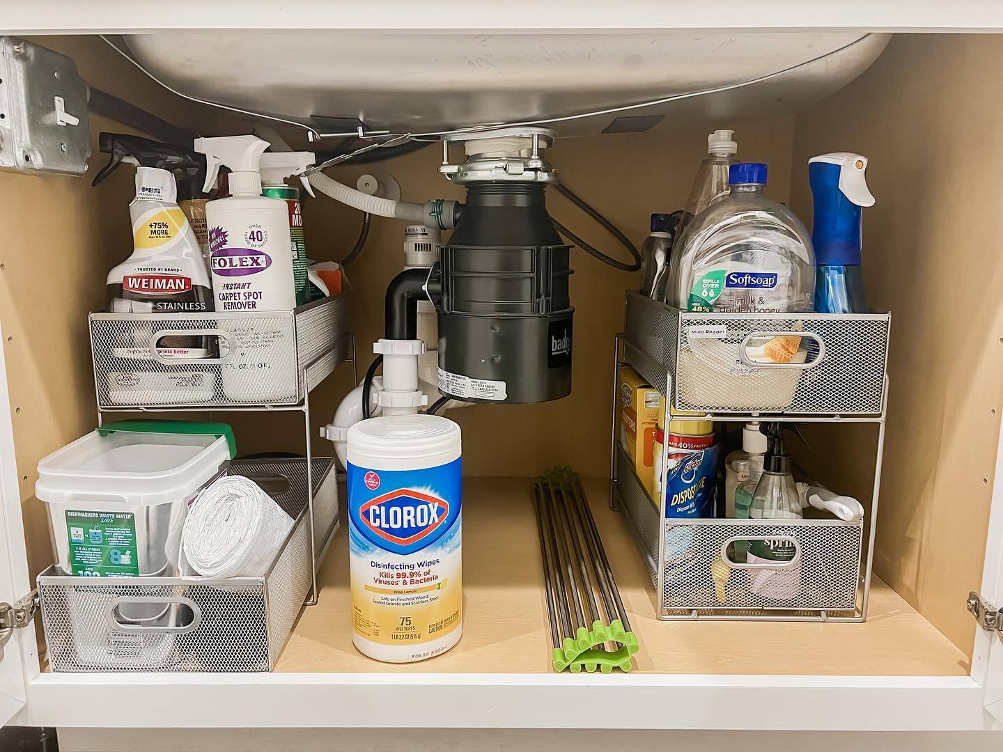Keep Cleaning Supplies Visible in Mesh Pull-Out Drawers
