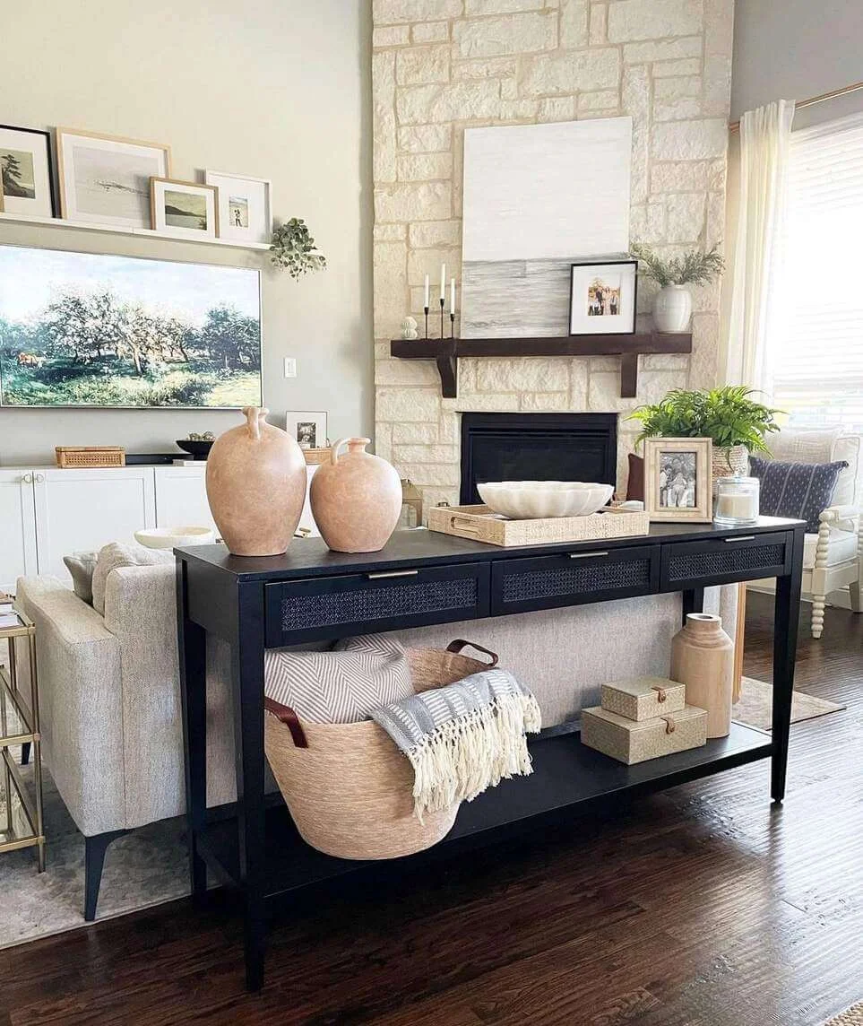 Woven Basket Tucks Away Soft Items Under a Console Table