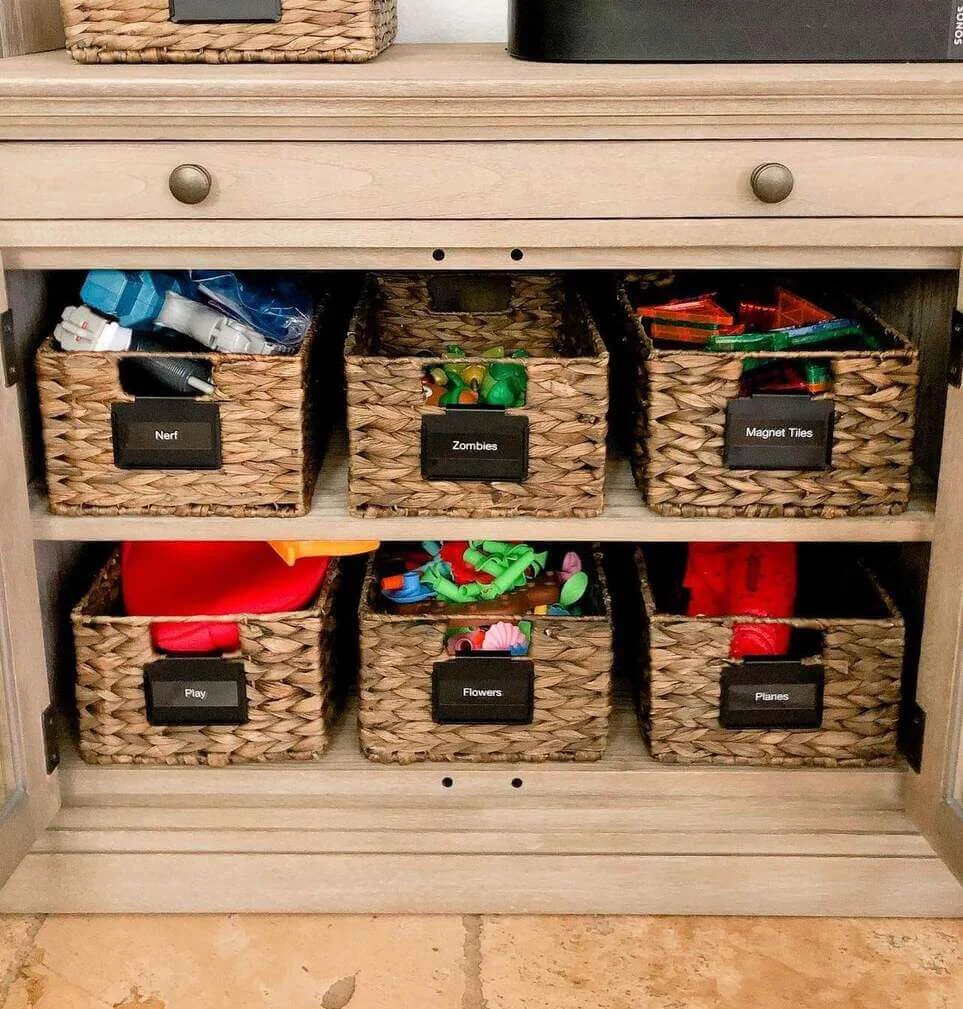 Woven Baskets with Black Labels Keep Toys Sorted