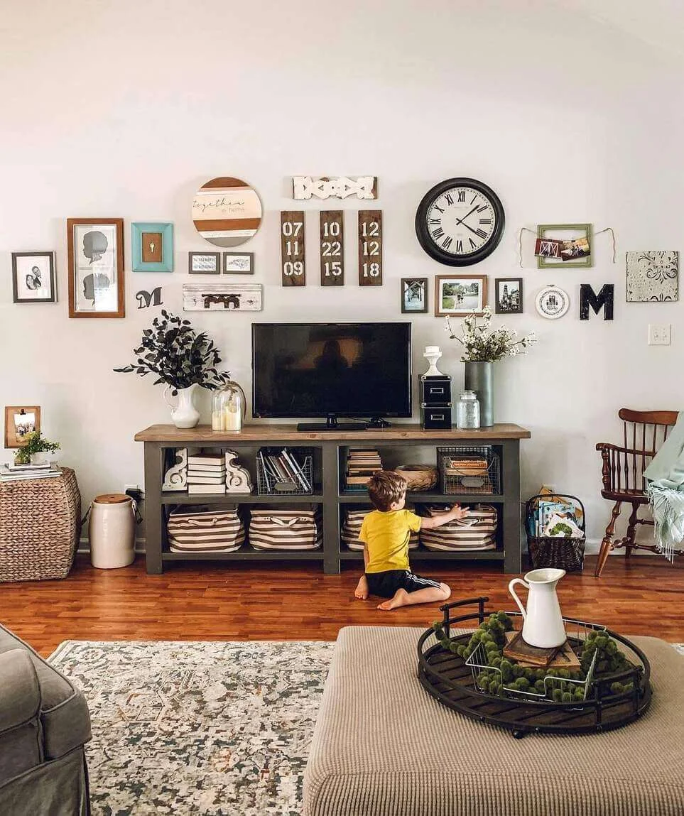Tuck Away Toys in Striped Baskets Under a Media Console