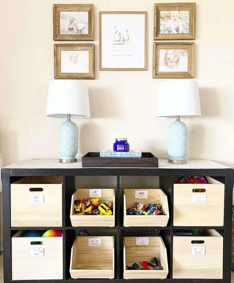 Sort Small Toys with Wooden Bins on Cube Shelving