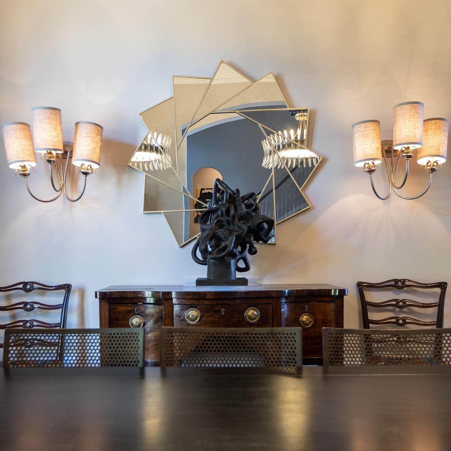 Abstract Sculpture Anchors a Vintage Credenza Display