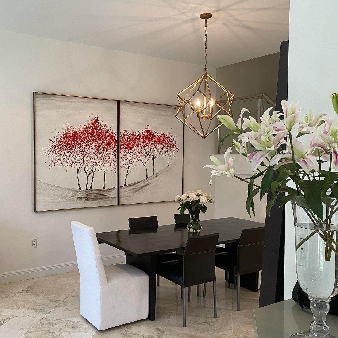 Diptych Tree Art Adds Bold Color to Minimalist Dining Room