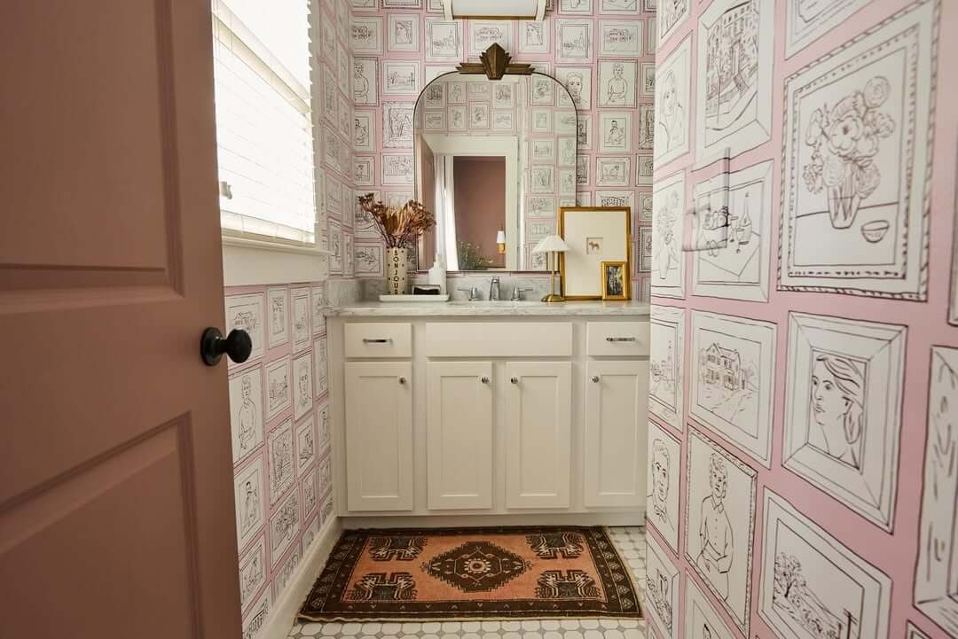 Pink Sketch Wallpaper for a Whimsical Powder Room