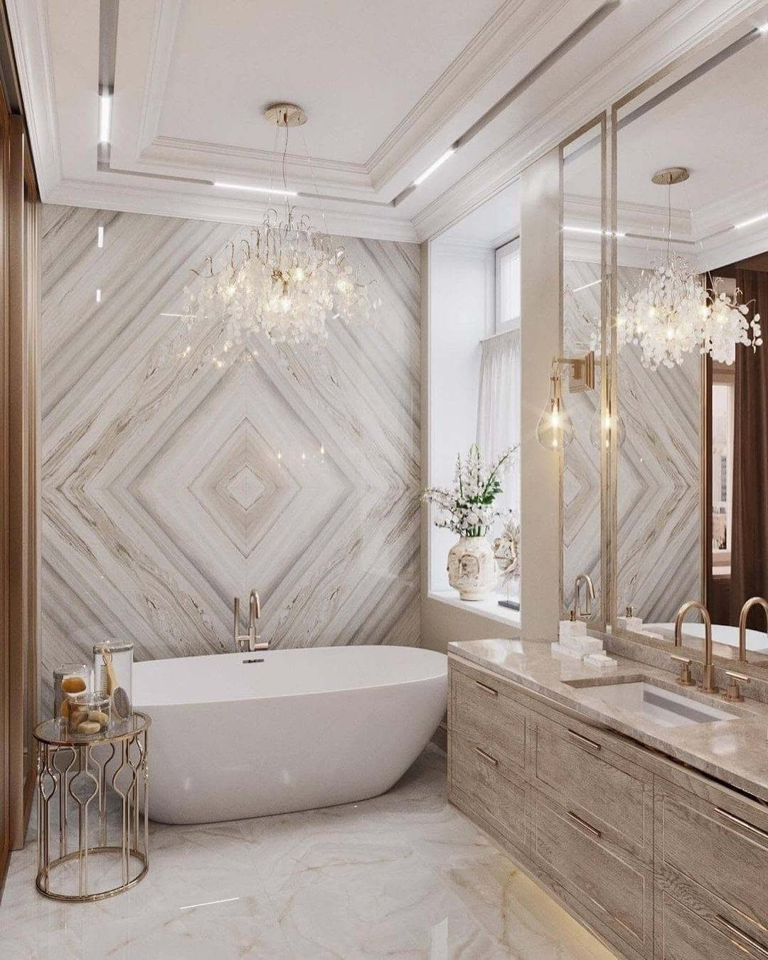 Marble Wall Pattern Creates a Luxurious Bathroom Focal Point