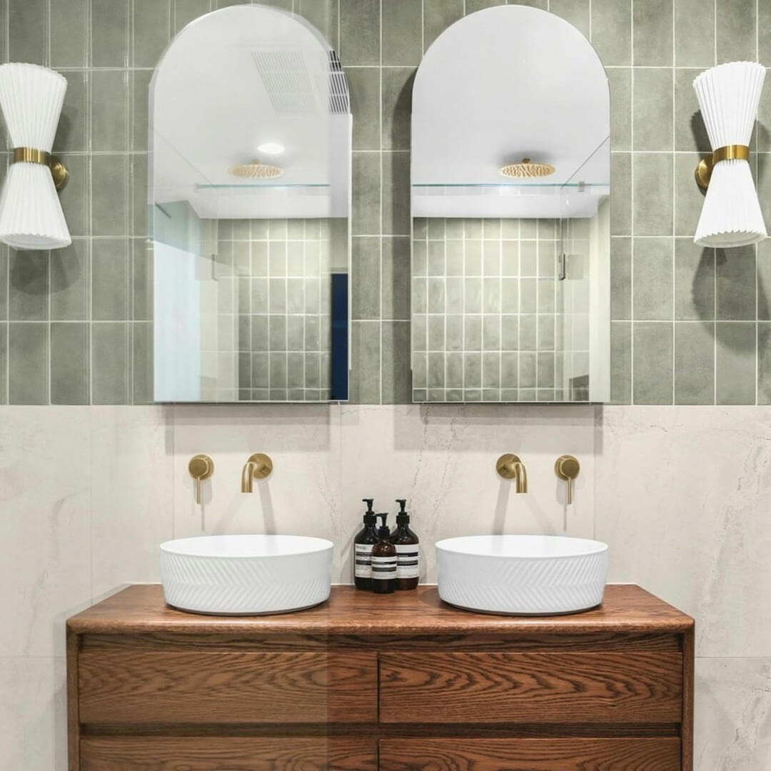 Textured White Basins Add Coastal Charm to Wood Vanity