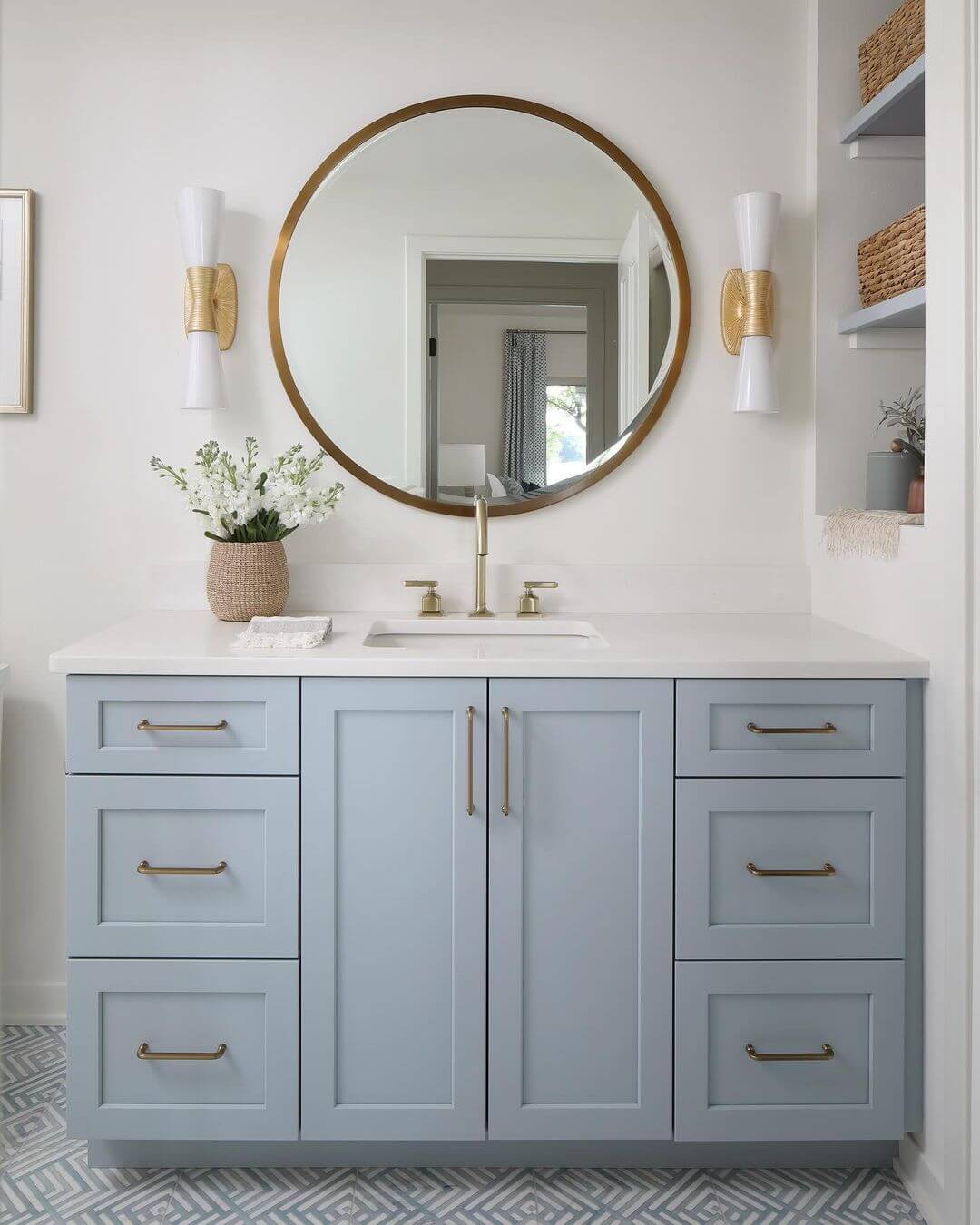 Soft Blue Vanity With Brass Hardware Offers Classic Coastal Appeal
