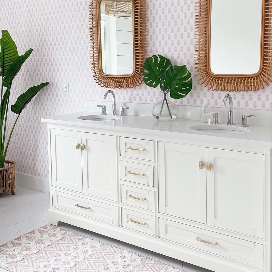 Rattan Mirror Frames Add Natural Texture Above Vanities
