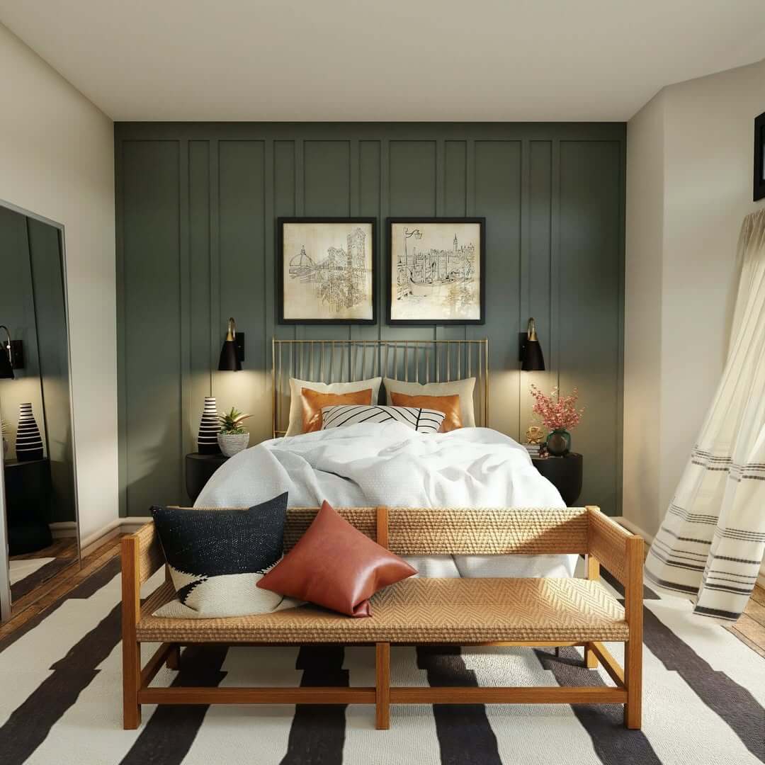 Paneled Dark Green Wall Creates a Moody Backdrop